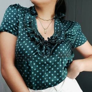 💙Moody Blue & Teal Vintage Style Polka Dot Blouse